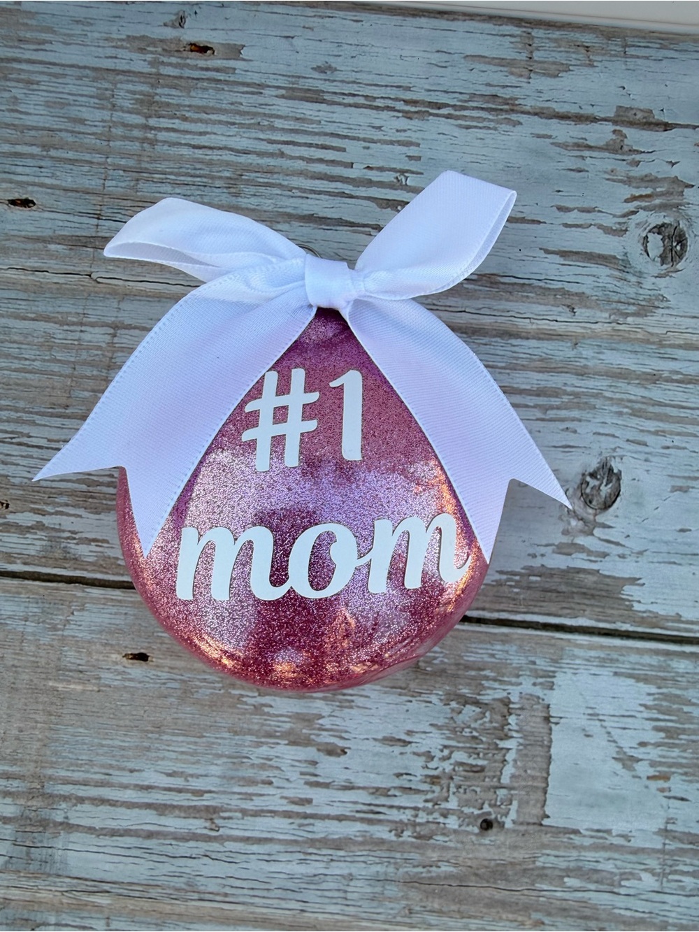 NEW #1 Mom Pink Glitter Ornament with White Bow, 3” disc ornament